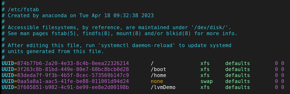 Add LVM to /etc/fstab