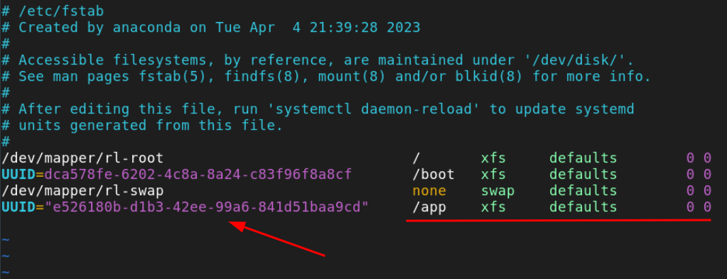 First Disk Added to <code>/etc/fstab</code>